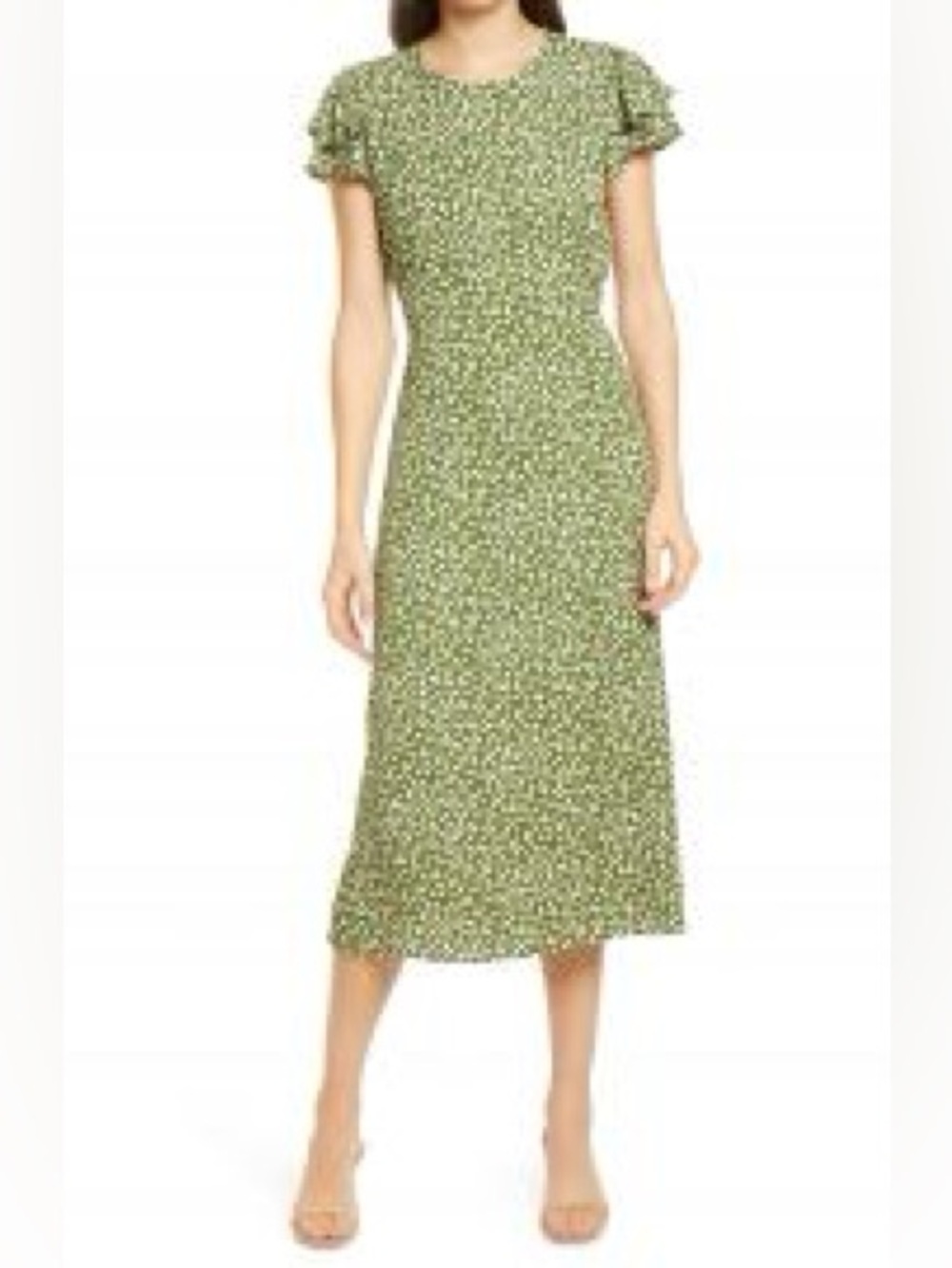 Reformation Green Floral Midi Dress with Short Ruffled Sleeves Sz 10